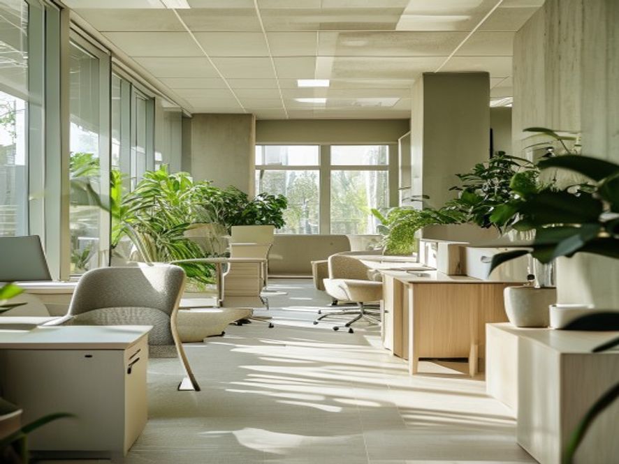 Office environment with break areas, natural light, and accessibility features supporting wellbeing and movement throughout the day